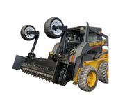 Power rake mounted on a New Holland skid steer with the gauge wheels raised clear of the ground