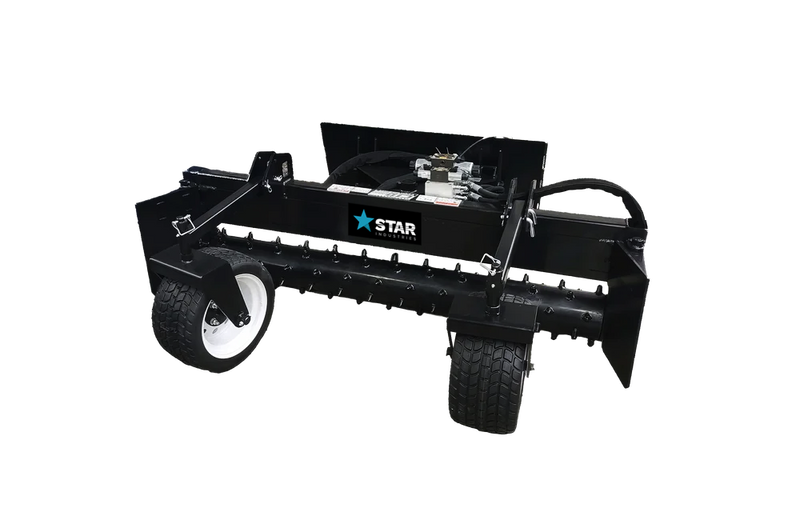 Skid steer power rake on a plain background with the Star decal on the top of the frame