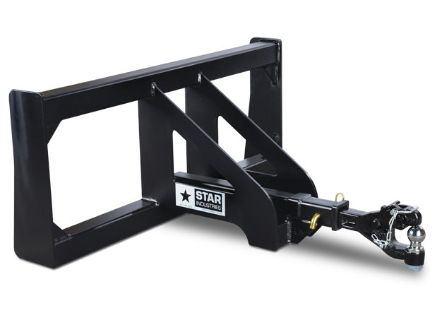 Star Industries trailer spotter, open steel frame with the receiver tube and a combo hitch adapter carrying a ball and pintle