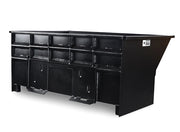 Star Industries skid steer trash hopper from the rear quarter showing the quick-tach mounting face, the forklift pick-up channels and the flat bar base