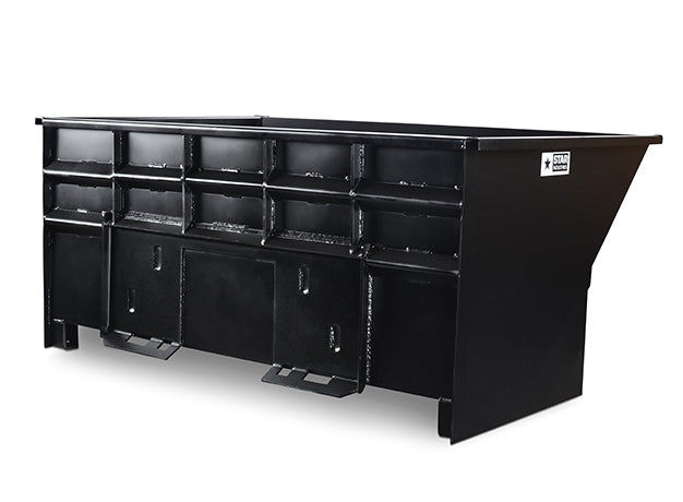 Star Industries skid steer trash hopper from the rear quarter showing the quick-tach mounting face, the forklift pick-up channels and the flat bar base