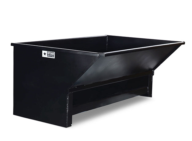 Trash hopper from the front quarter, open top with the formed channel lip and the sloped discharge front