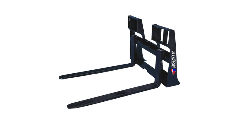 Storm 4500-pound pallet forks in black, showing the frame, backrest, and two fork blades