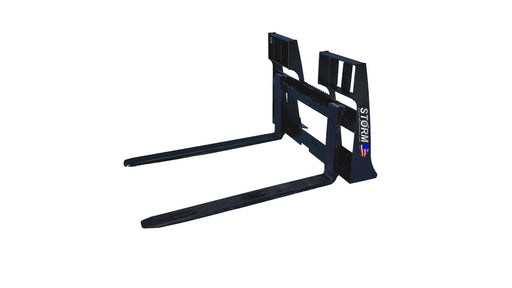 Storm 4500-pound pallet forks in black, showing the frame, backrest, and two fork blades