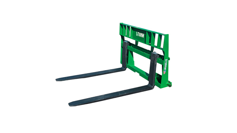Storm 4500 pallet forks in John Deere green, showing the frame and blades on the John Deere mount