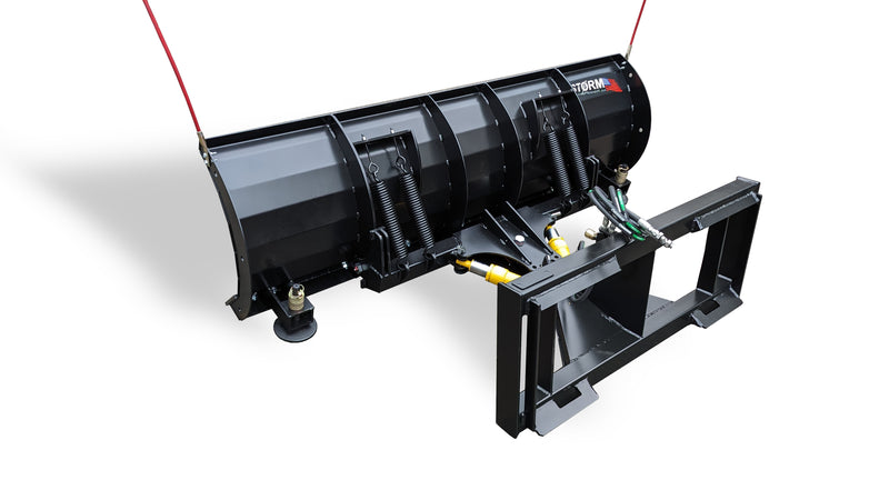 Storm angle snow blade, angled studio view showing the trip springs, frame, and hydraulic angle drive