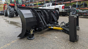 Storm angle snow blade angled on pavement, showing the trip springs, the angle cylinder and the skid shoes