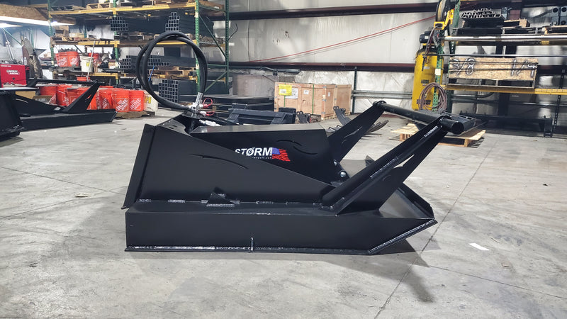 Storm 60 inch brush cutter, side view showing the deck skirt, the drive housing and the rear frame