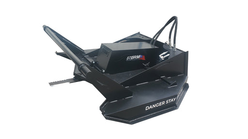Storm 72 inch HD brush cutter, studio view of the black deck with the hydraulic motor housing, hoses, and the danger placard across the front skirt