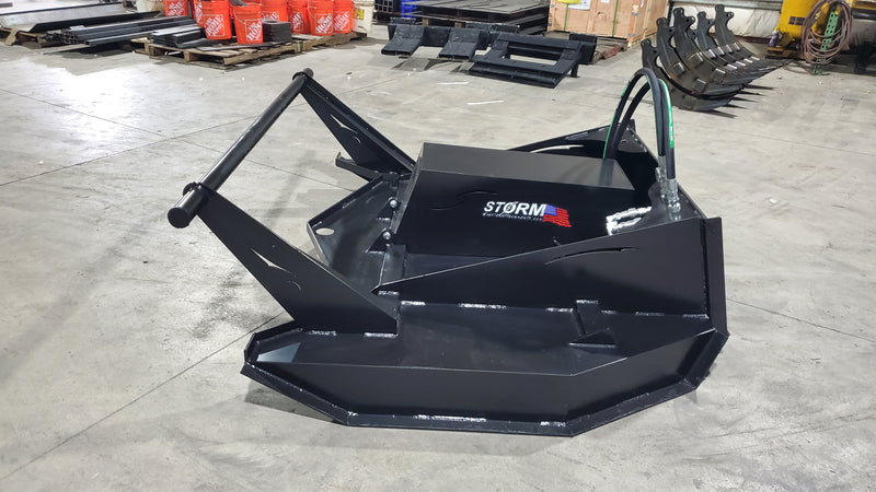 Storm 72 inch HD brush cutter, three-quarter view showing the deck skirt and the raised push bar