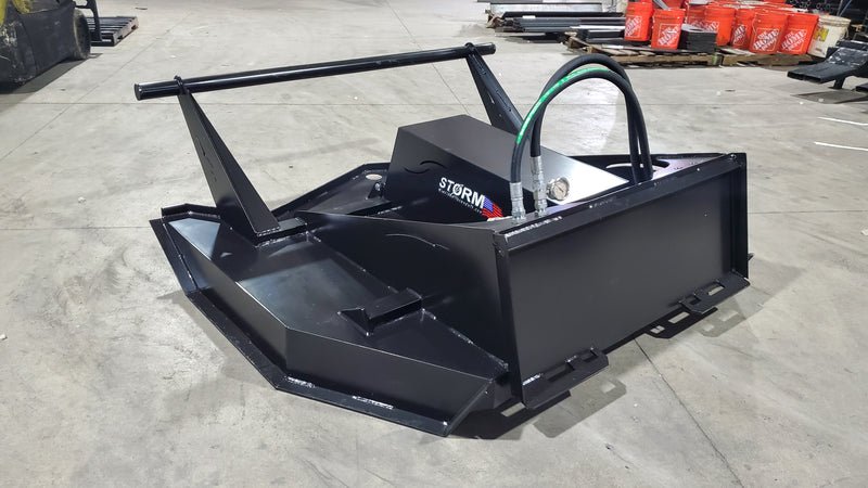 Storm 72 inch HD brush cutter, angled view across the deck top with the hydraulic lines routed to the motor