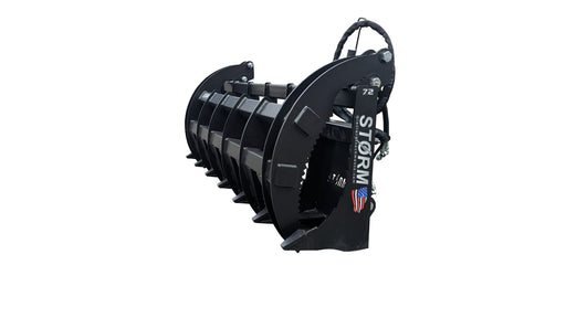 Storm HD two-cylinder 72-inch rake and brush grapple in black, clam closed over the serrated tine bank
