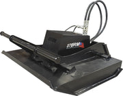 Storm 48 inch mini brush cutter, studio view showing the deck, hydraulic motor housing, hoses, and side push bar