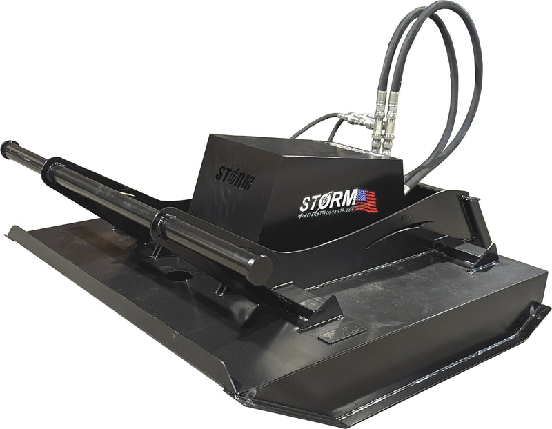 Storm 48 inch mini brush cutter, studio view showing the deck, hydraulic motor housing, hoses, and side push bar