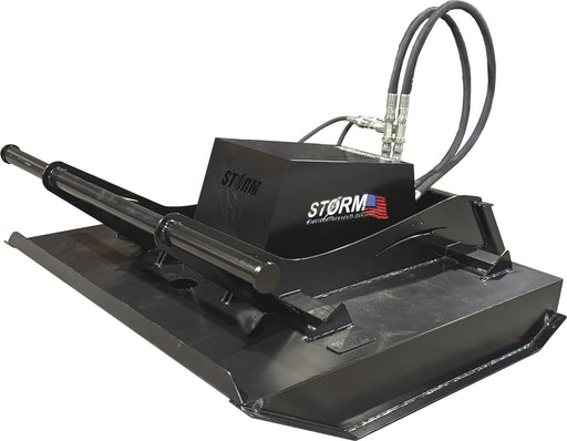Storm 48 inch mini brush cutter, studio view showing the deck, hydraulic motor housing, hoses, and side push bar