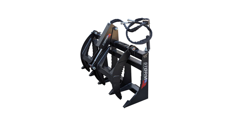 Storm single-cylinder rake and brush grapple in black, showing the serrated tine bank and top clamp