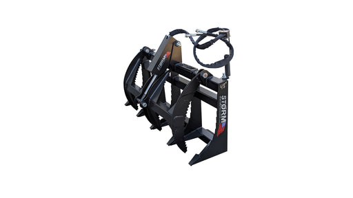 Storm single-cylinder rake and brush grapple in black, showing the serrated tine bank and top clamp