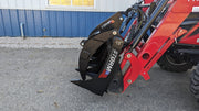Storm 48 inch rake and brush grapple on a red tractor loader, angled view of the tines and the grapple arm