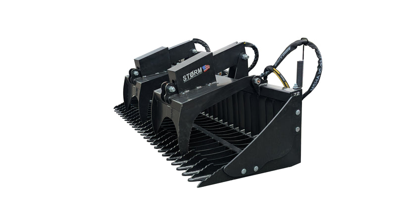 Storm rock and brush grapple in black, showing the closely spaced spiked tines and top clamp