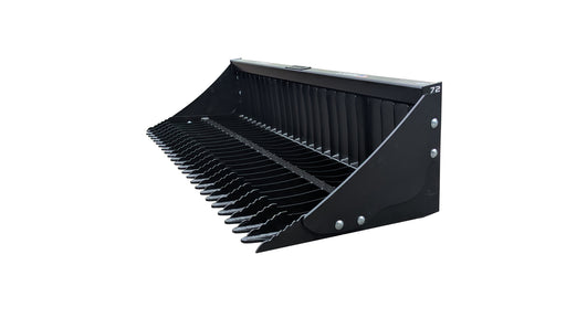 Storm rock bucket in black, angled view showing the skeleton tine bank and tube-steel frame