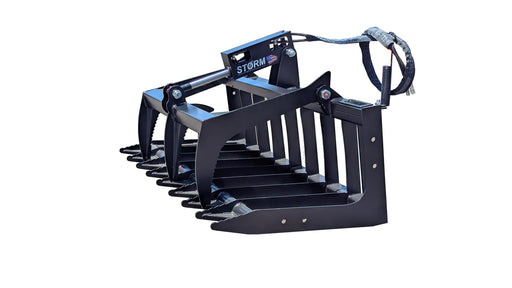 Storm single-cylinder root and brush grapple in black, showing the open lower tine bank and single-cylinder top clamp arm