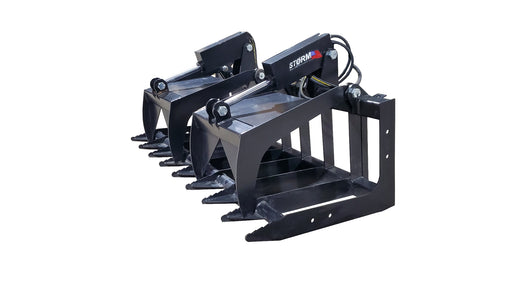 Storm two-cylinder root and brush grapple in black, showing the open lower tine bank and the twin-cylinder top clamp