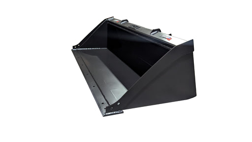 Storm skid steer bucket in black, angled view showing the smooth cutting edge and shell