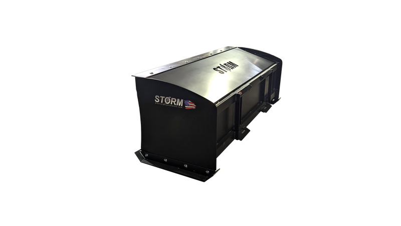 Storm box snow pusher in black, showing the enclosed moldboard and boxed side plates