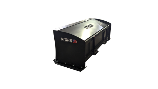 Storm box snow pusher in black, showing the enclosed moldboard and boxed side plates
