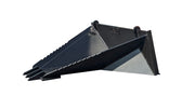 Storm stump bucket in black, angled view showing the V-shaped body and welded teeth