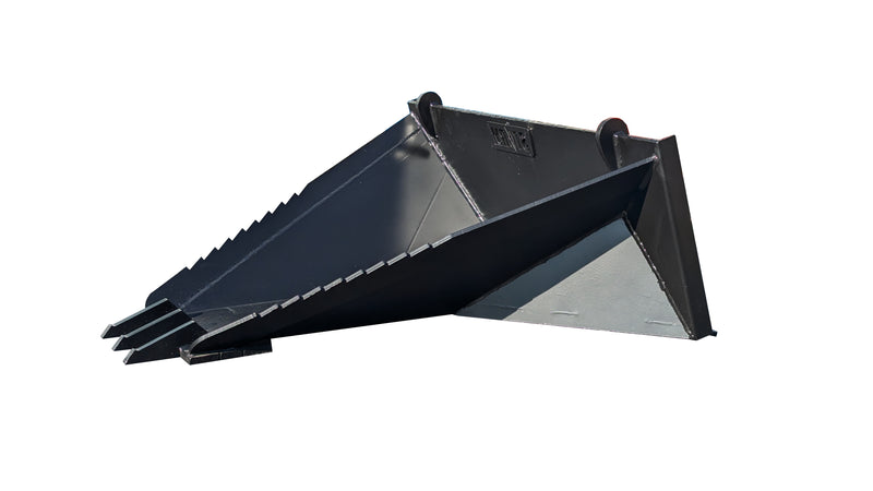 Storm stump bucket in black, angled view showing the V-shaped body and welded teeth