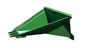 Storm stump bucket in John Deere green, angled view showing the V-shaped body and teeth on the John Deere mount