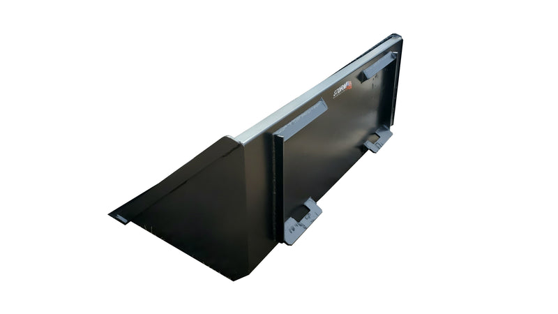 Storm tractor bucket, rear view showing the quick-attach mounting plate