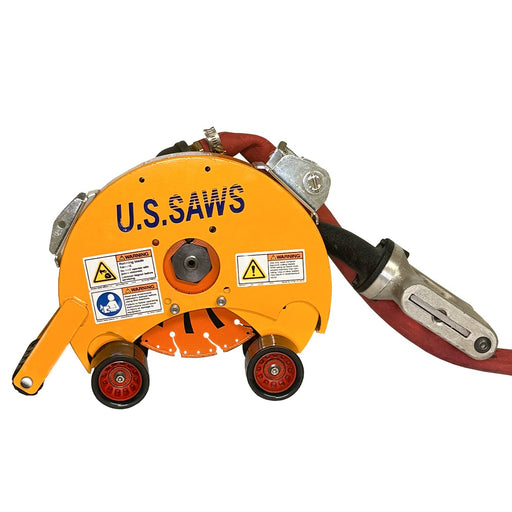 U.S. Saws air belly saw with clamshell guard and guide wheels, side view