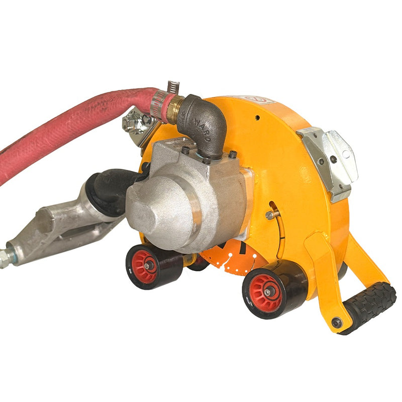 Close view of the air belly saw motor and oiler connection