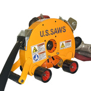 Air belly saw standing upright with guard open