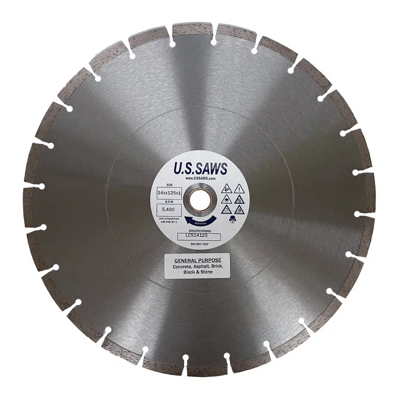 Bare steel general purpose blade, full face view, segmented rim with narrow gullets
