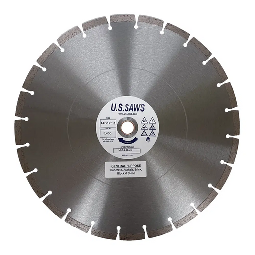 Bare steel general purpose blade, full face view, segmented rim with narrow gullets