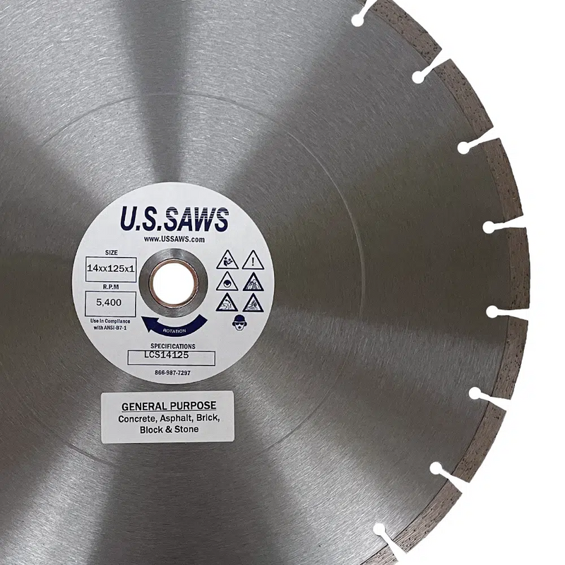 Bare steel general purpose blade at closer range, hub label reading concrete, asphalt, brick, block and stone