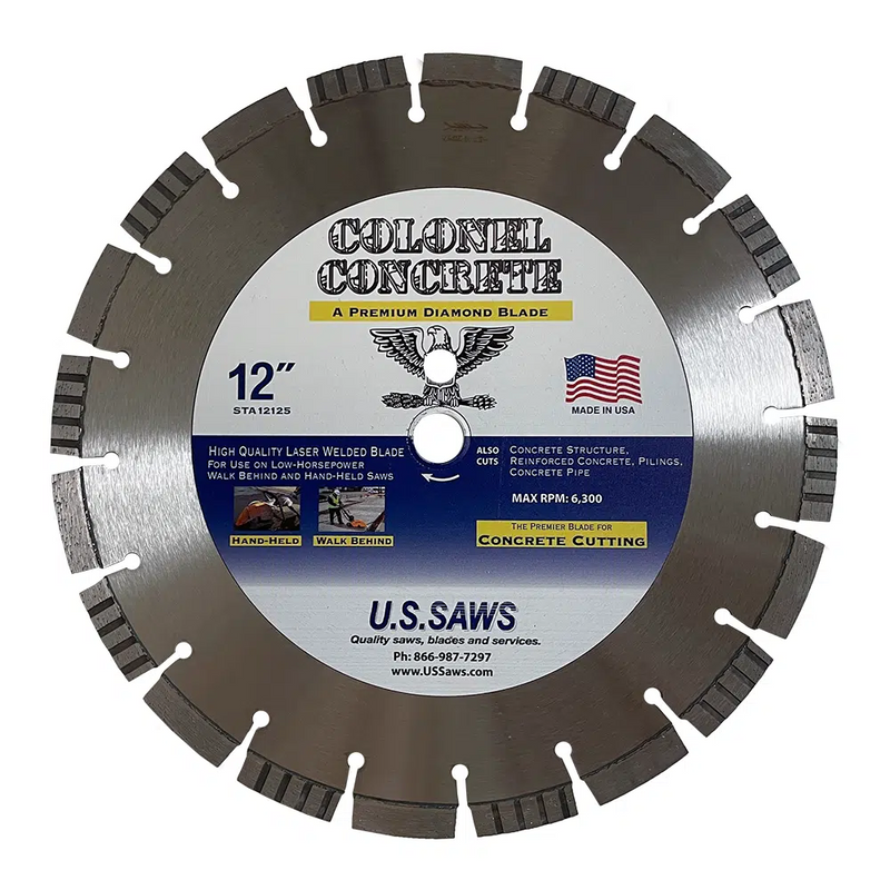 Bare steel diamond blade with dark turbo segments and a hub label carrying an eagle crest over the Colonel Concrete name