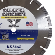 Colonel Concrete hub label photographed against the brushed core of the largest blade