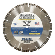 Bare steel blade seen square on, turbo segments and drop slots set into the rim