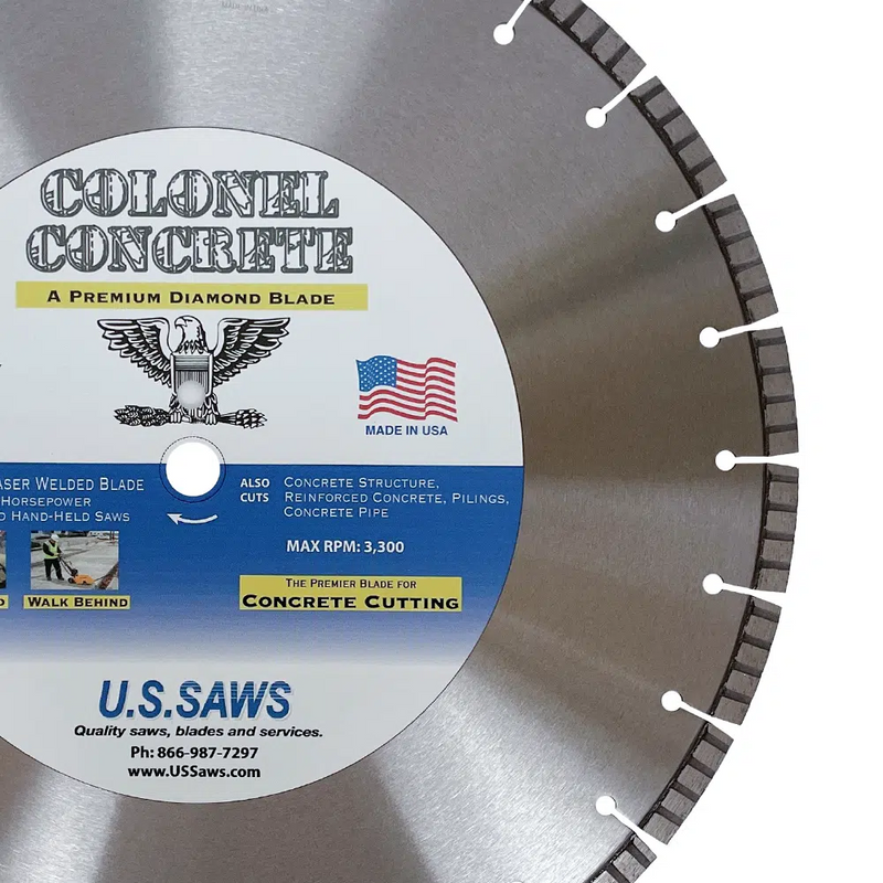Hub label and inner core of a Colonel Concrete blade, segments visible at the frame edge
