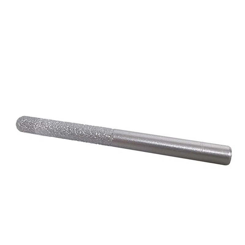 Straight steel shank with a cylindrical diamond coated tip at one end, laid flat
