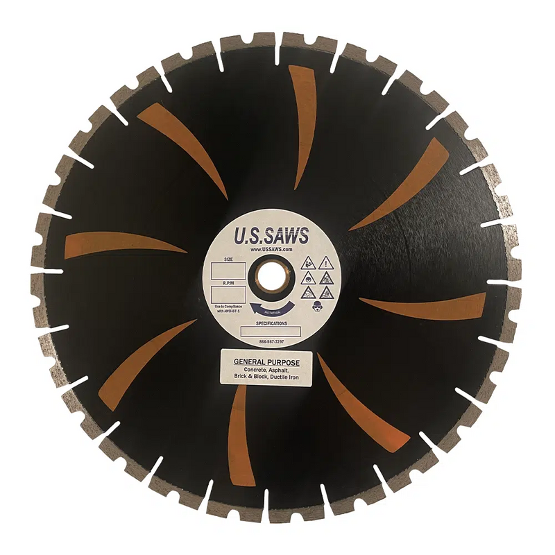 Black multipurpose blade, full face view, copper coloured swept segments inside a segmented outer rim