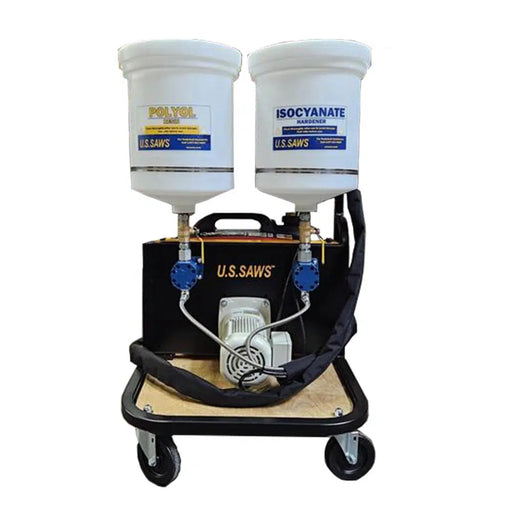 U.S. Saws Dual Component Polymer Pump with twin component pails, front view