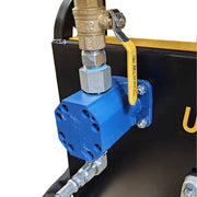 Close view of the Dual Component Polymer Pump blue dispensing manifold