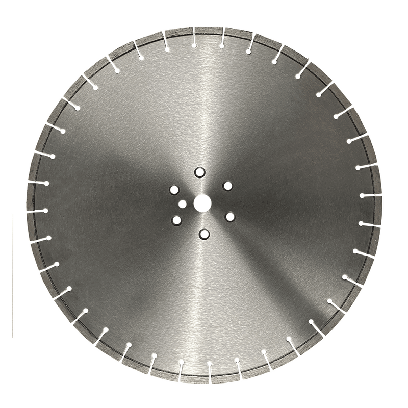 Bare steel blade, full face view, six bolt holes set in a ring around a plain centre bore
