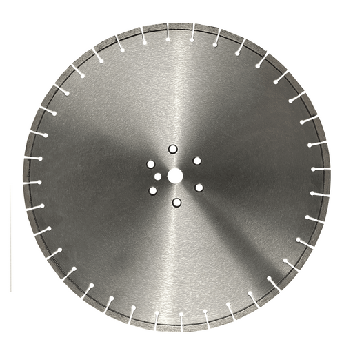 Bare steel blade, full face view, six bolt holes set in a ring around a plain centre bore