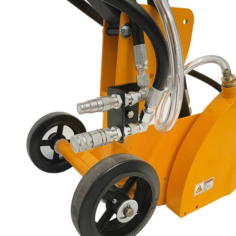 Close view of the FSB-150H flush-face hydraulic fittings and wheels